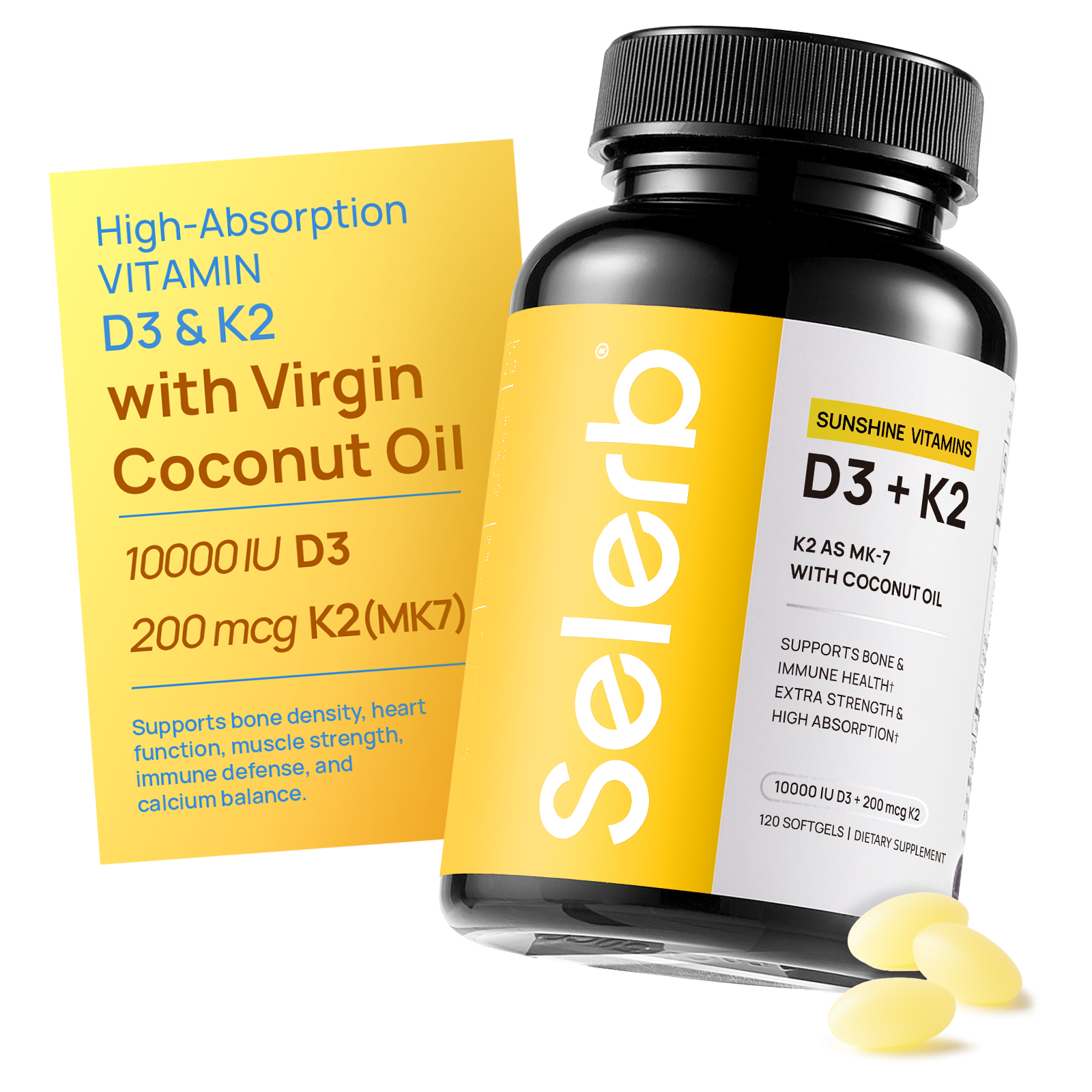 Selerb Vitamin D3 K2 with Coconut Oil - 120 Softgels