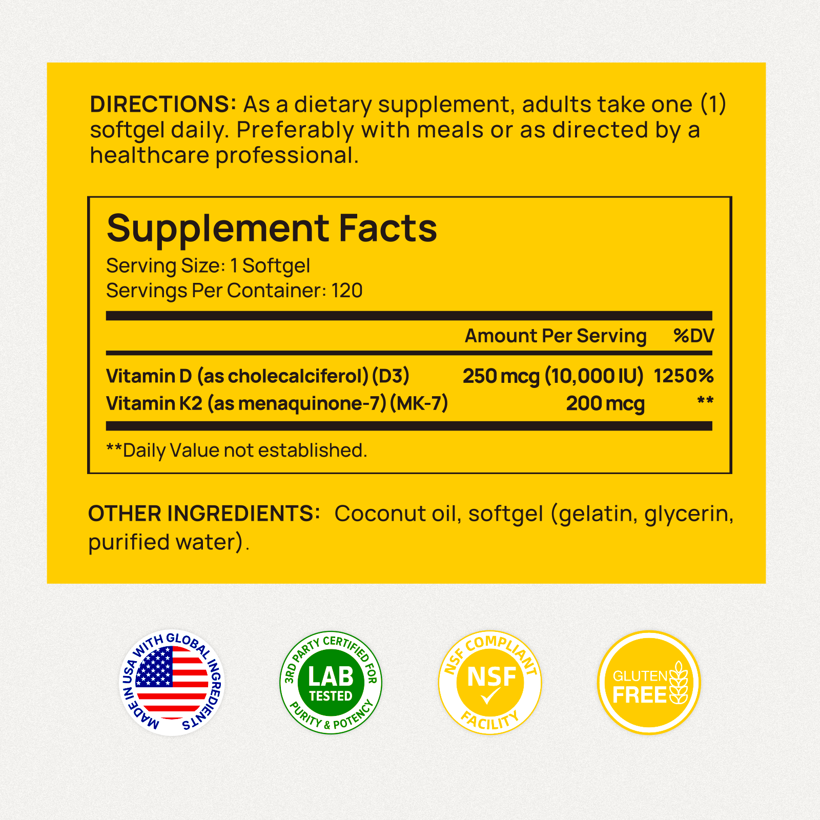 Selerb Vitamin D3 K2 with Coconut Oil - 120 Softgels