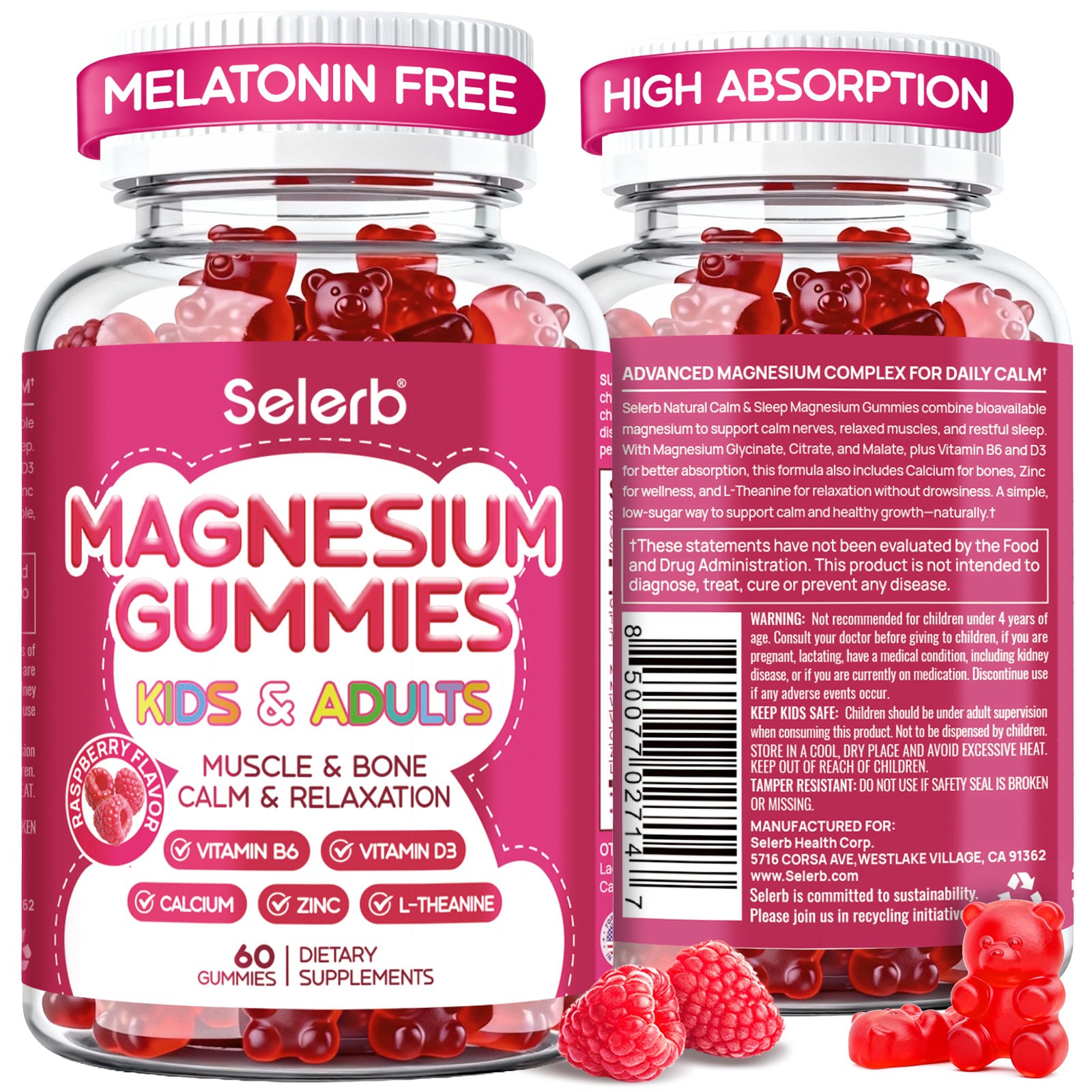 Selerb Magnesium Gummies for Kids & Adults  - 60 Gummies
