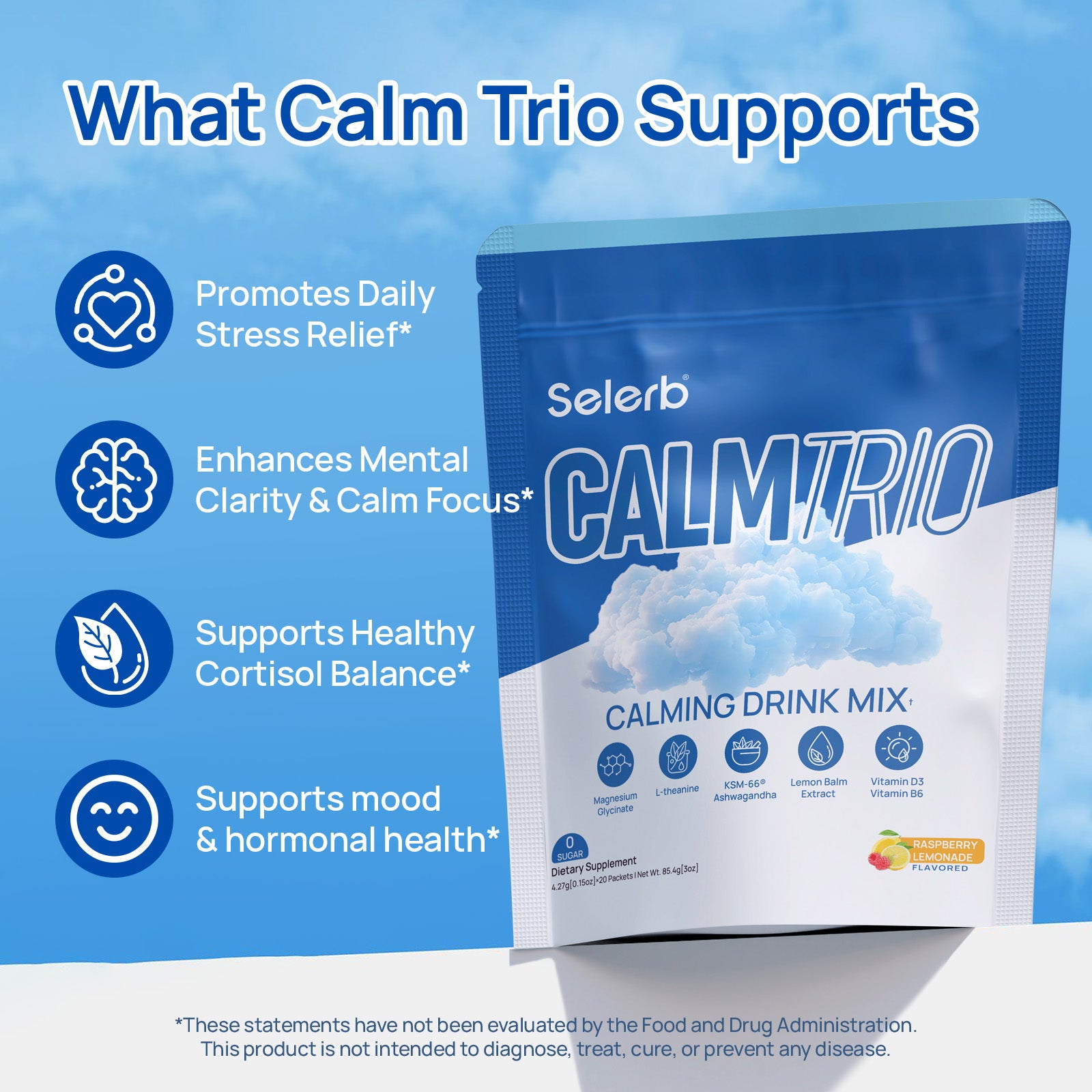 Mezcla de bebida de magnesio Selerb CalmTrio - 20 sobres 