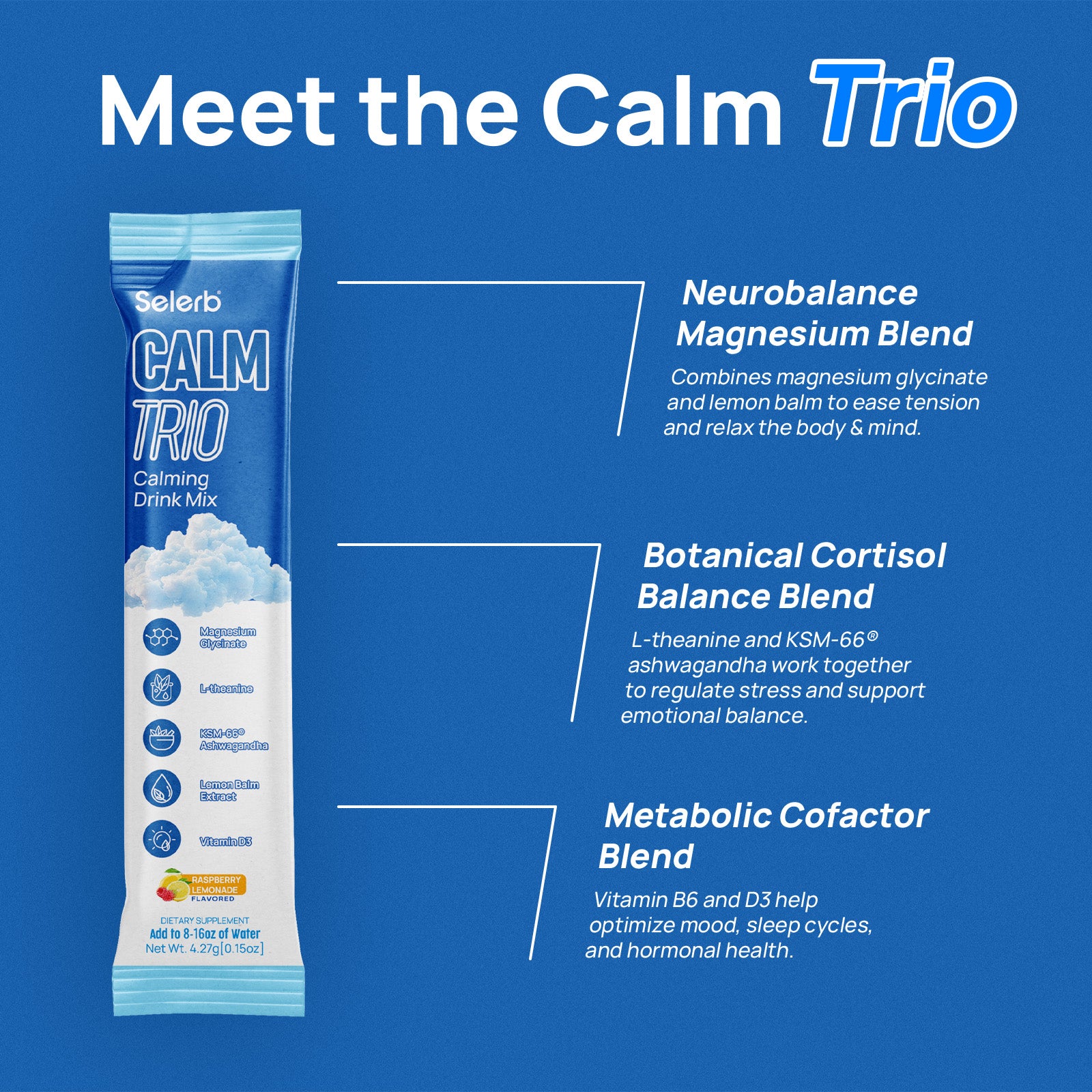 Mezcla de bebida de magnesio Selerb CalmTrio - 20 sobres 